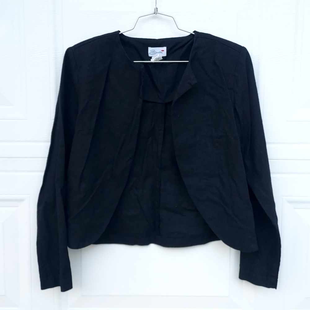 Elegant Black Linen Blend Open Front Cropped Women's Blazer